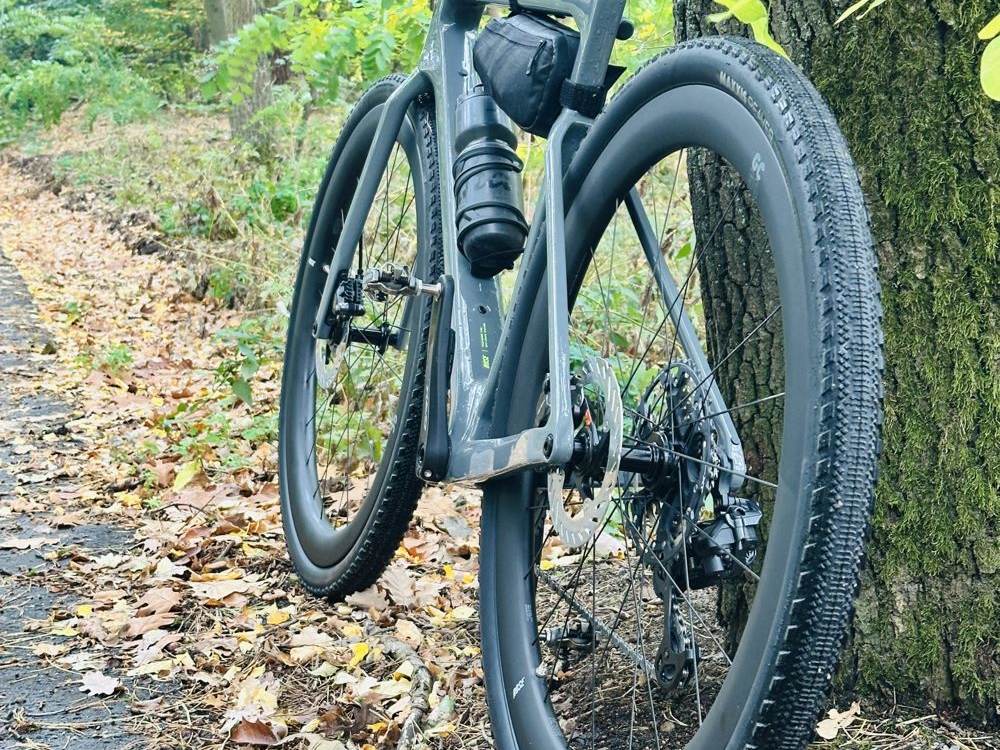 Gravelbike an einem Baum im Herbstlaub